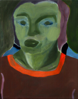  portrait of a woman, in green , wearing a brown jumper with a red collar