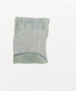  painting of a blue grey stage in large white frame