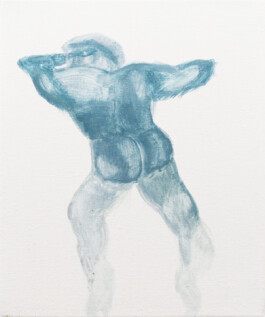  small painting of a man laying on his stomach in blue, otherwise white